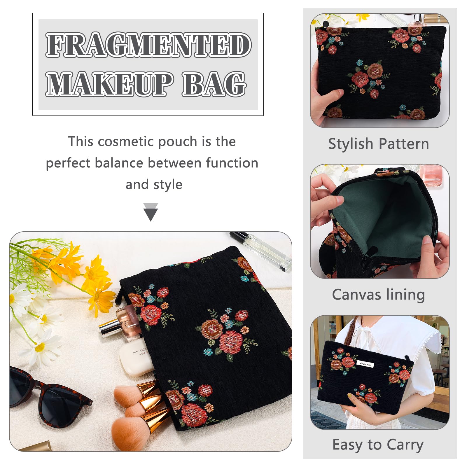 ZLFSRQ Makeup Bag Travel Cute Black Vintage Flower Floral Cosmetic Bags for Women Large Embroidery Toiletry Pouch Zipper Cosmeti