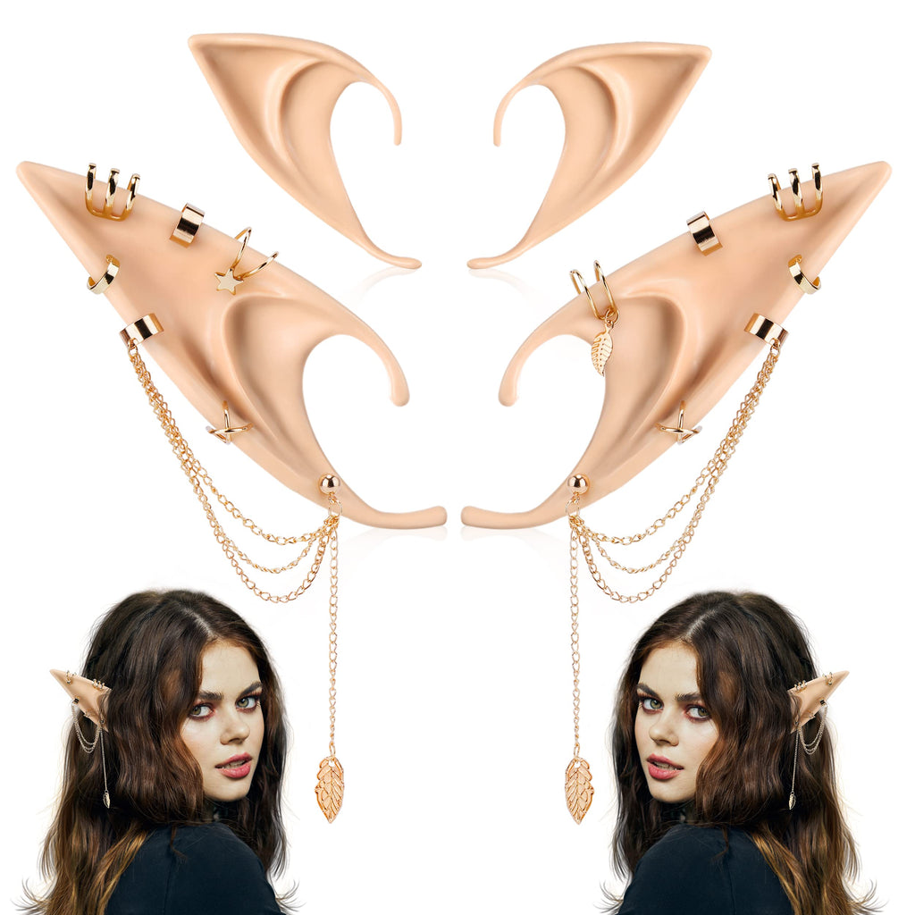FRESHME Elf Ears with Piercings Earring Cuffs Set, Soft Fairy Elf Ears with Non-Piercing Gold Earrings Tassel Chain Cartilage Cl