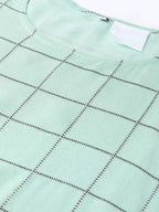Idalia Women'S Checkered Print Teal Rayon Kurta With White Palazzo Pants