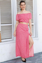 POPWINGS Casual Floral Printed Off-Shoulder Crop Top and Long Slit Skirt Co-Ord Set for Women || Co-Ords Set for Women Stylish W