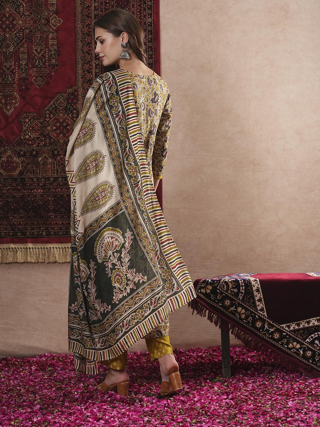 ANNI DESIGNER Ladies Cotton Blend Straight Print Cropped Trousers and Dupatta Kurta, Mustard, L
