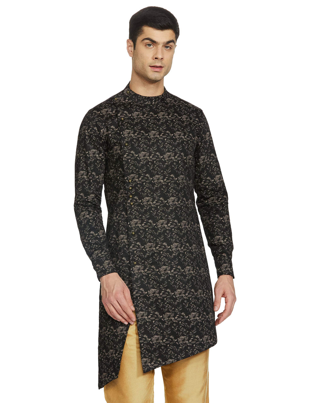 Manyavar Floral Print Casual Cotton Full Sleeves Kurta for Men (Black, XL)