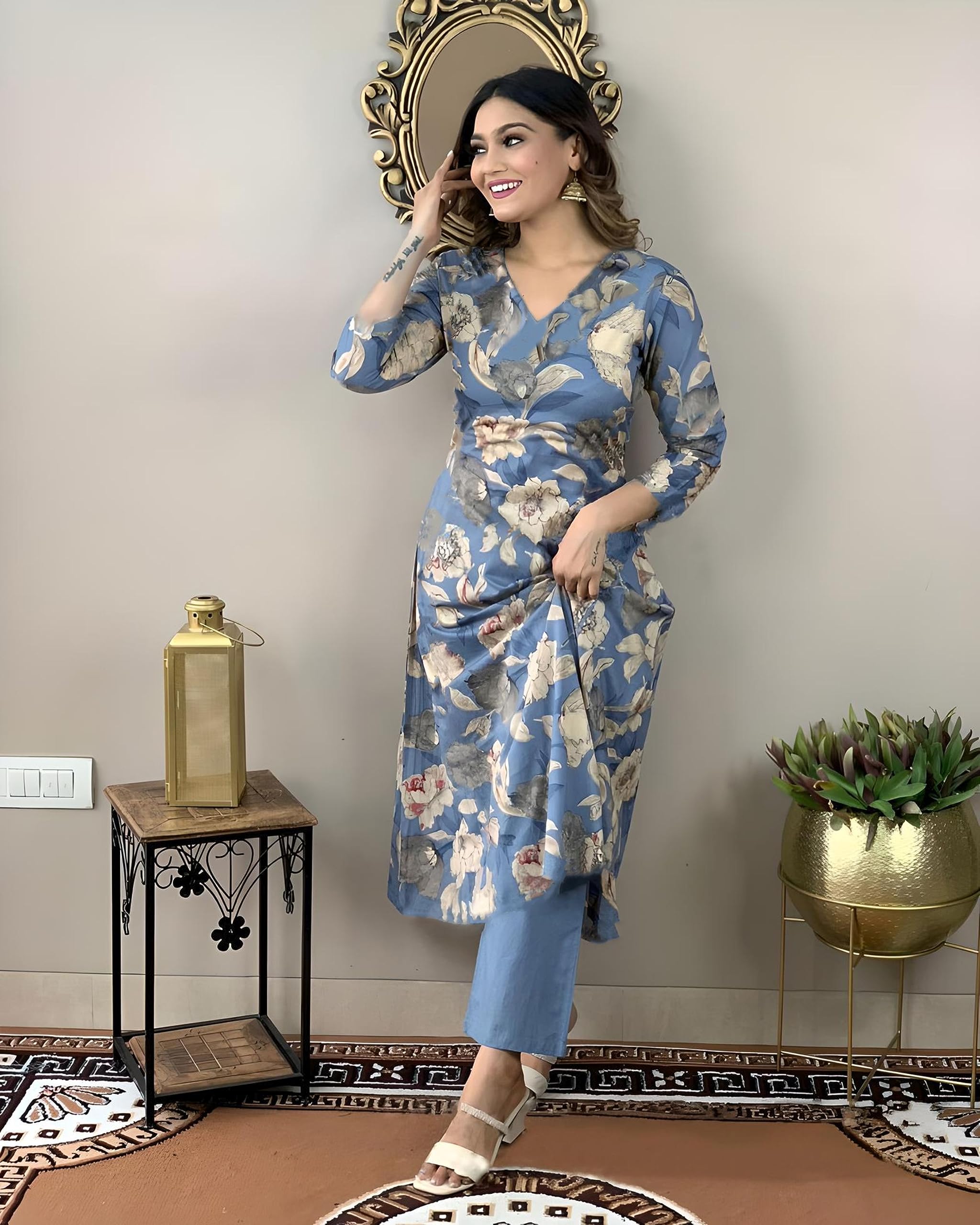 ANNI DESIGNER Womens Rayon Straight Printed Kurta with Pant Set (DHUN-Blue-NW_S_Blue_Small)