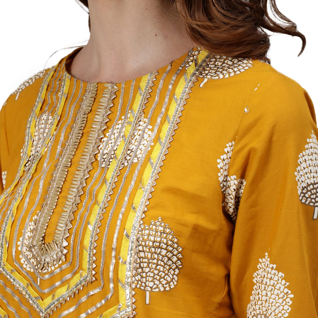 Ishin Women'S Mustard Embroidered A-Line Kurta Set With Sharara And Dupatta