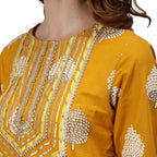 Ishin Women'S Mustard Embroidered A-Line Kurta Set With Sharara And Dupatta