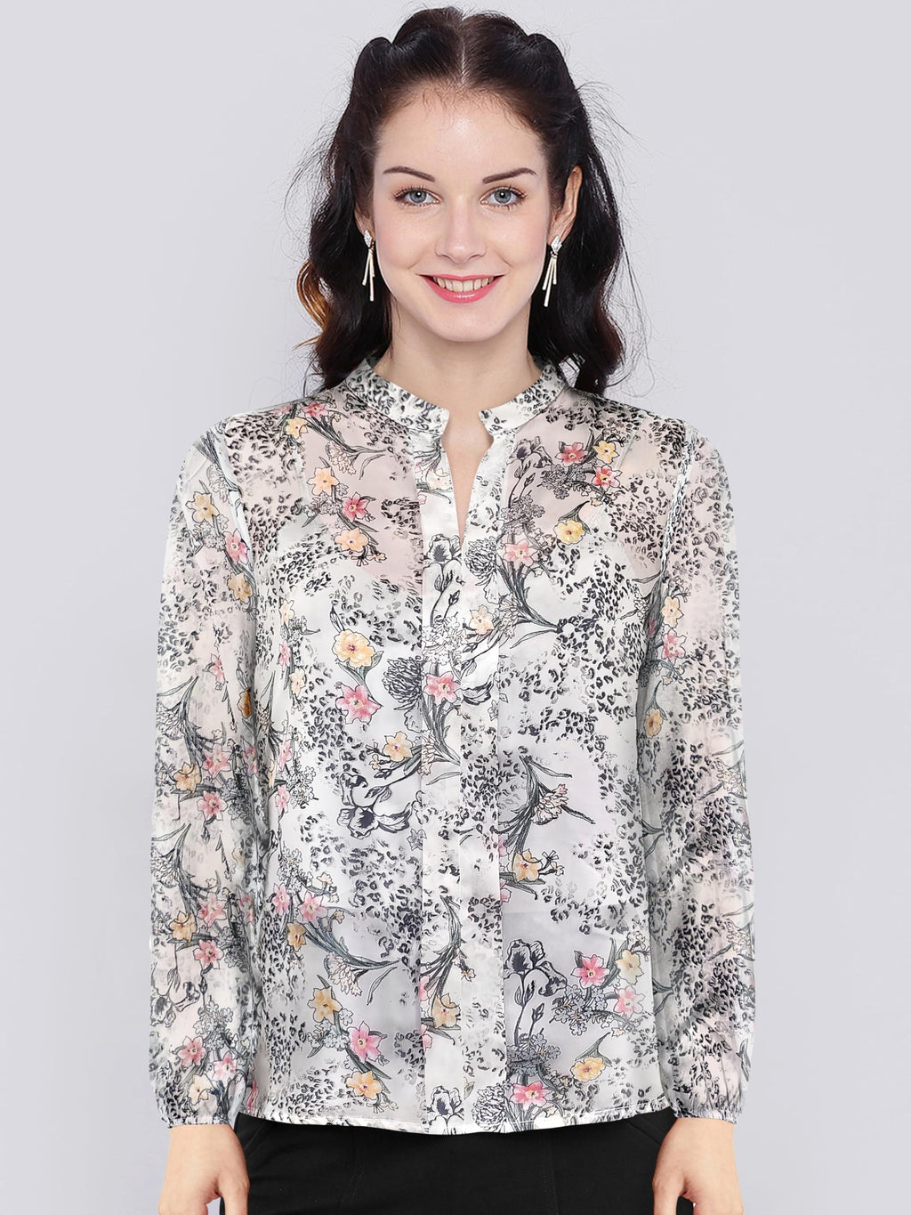 Toochki WomenS Floral Relaxed Fit Shirt (Toochki199-Tp-N_Light Grey