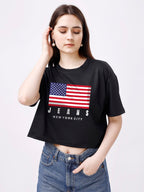 ELLITI Soft Rich Cotton Black Half Sleeve | Round Neck | Oversized/Loose Fit | Down Solder | US Flage Print Crop Top for Women (