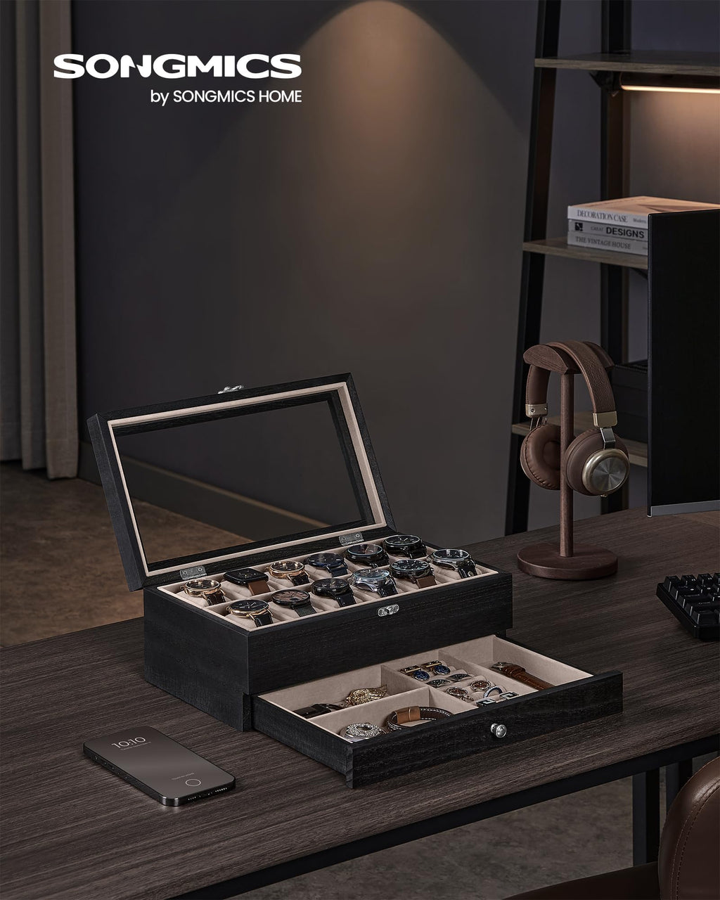 SONGMICS 12-Slot Watch Box, 2-Tier Watch Display Case with Large Glass Lid, Removable Watch Pillows, Velvet Lining, Jewelry Box,
