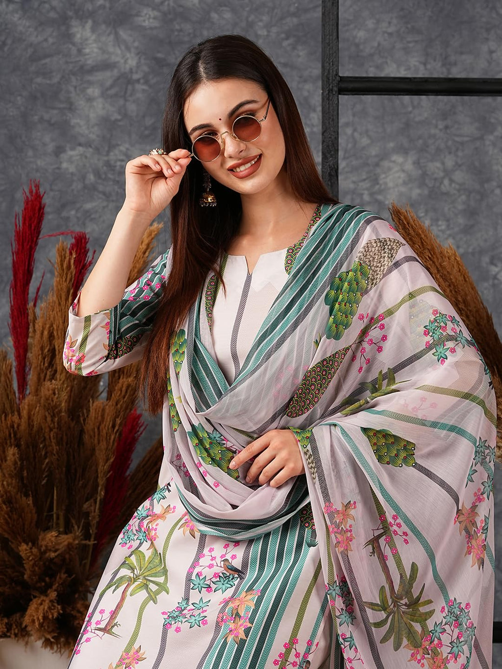 ANNI DESIGNER Ladies Cotton Blend Dupatta Kurta Trousers, green, S