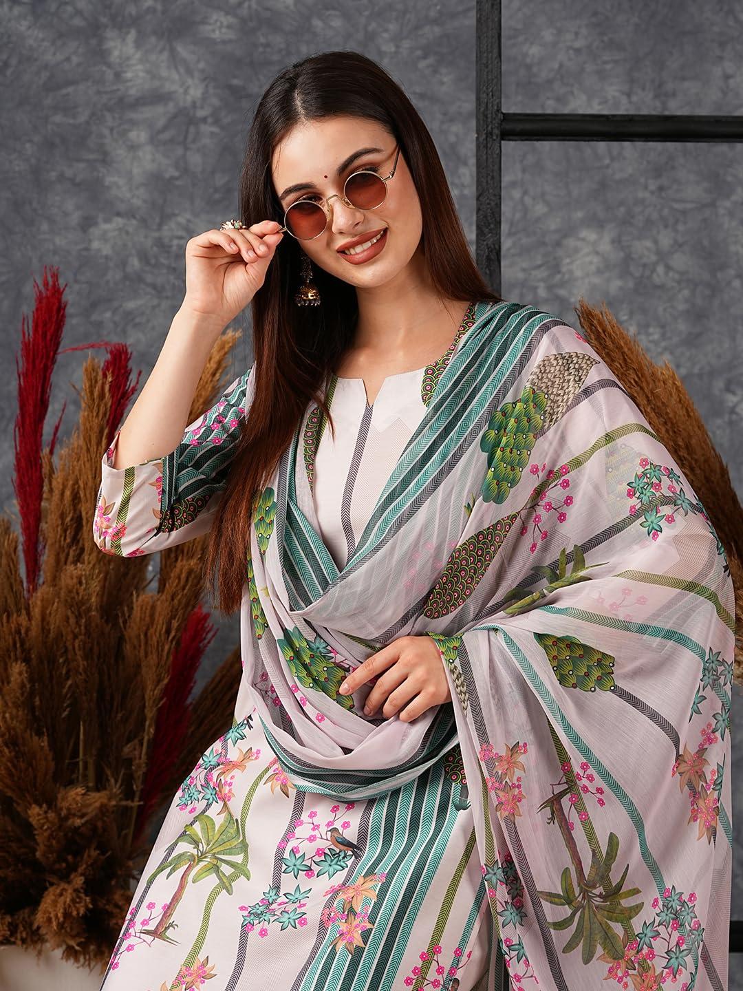 ANNI DESIGNER Ladies Cotton Blend Dupatta Kurta Trousers, green, S