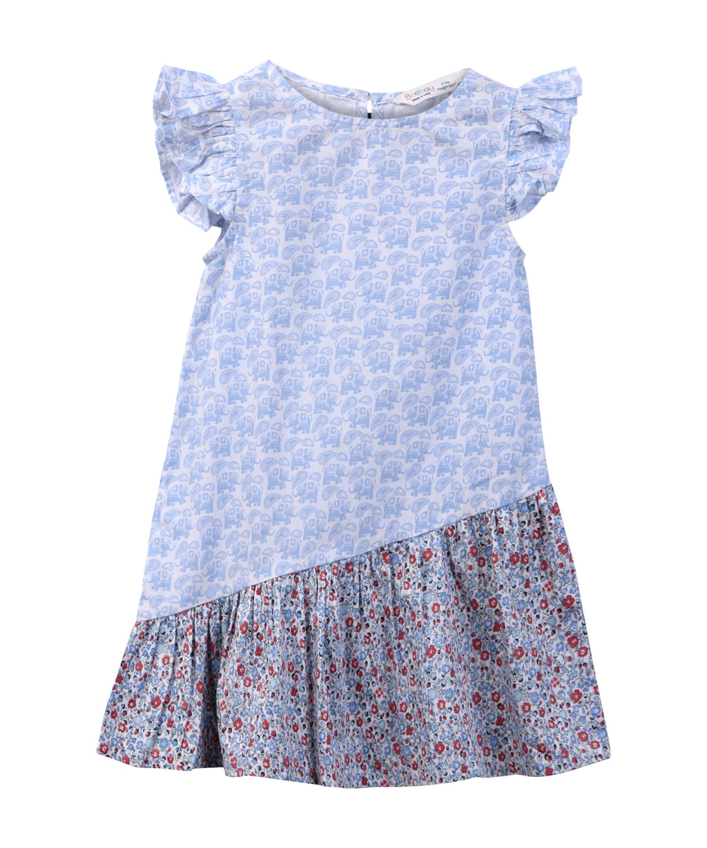 Elephant print  Asymmetric frill dress Blue