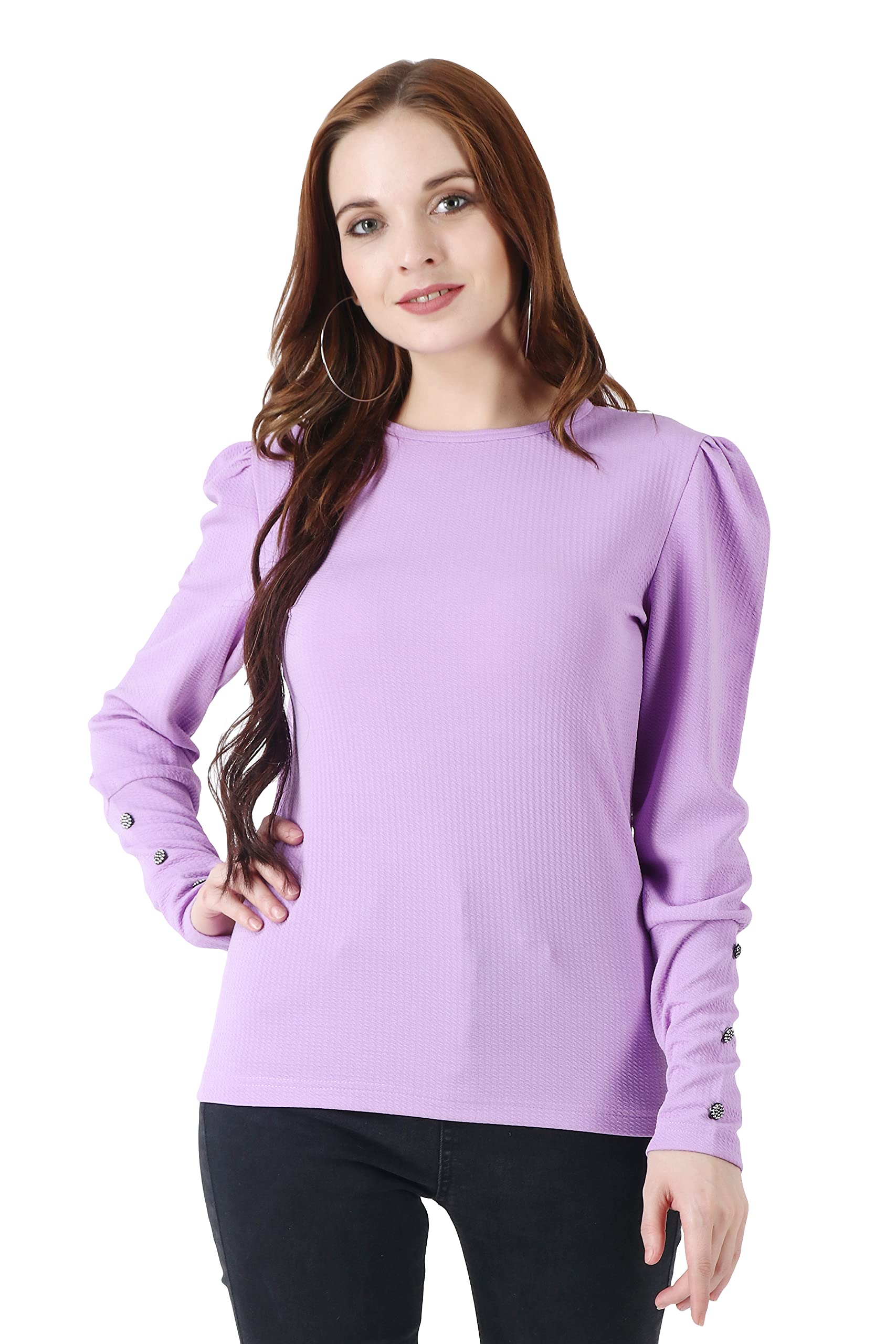 POPWINGS Casual Solid Puff Button Long Sleeves Regular Fit Tops for Women || Summer Round Neck and Stylish Western Lavender Top 