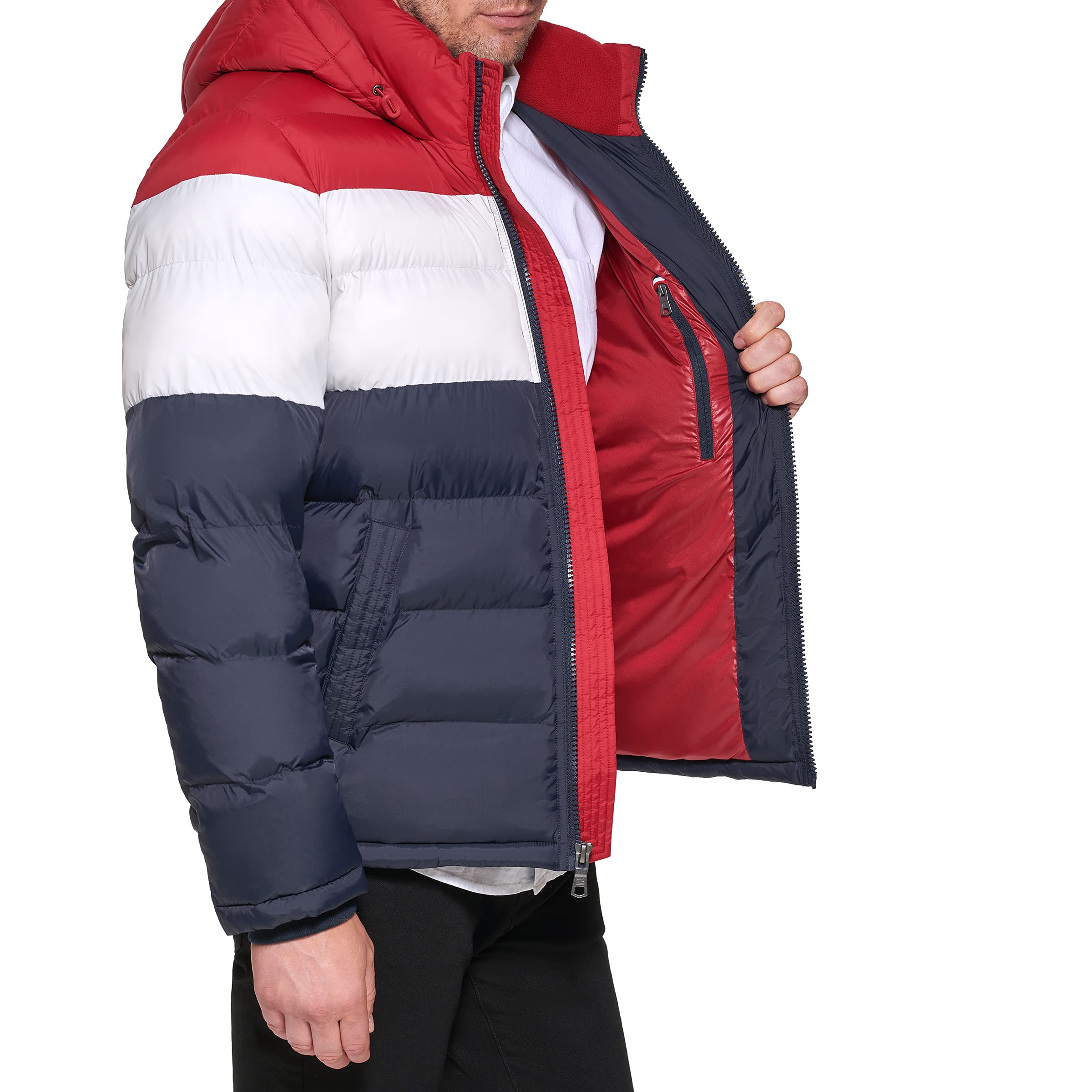 Tommy Hilfiger Men's Hooded Puffer Jacket, Red/White/Midnight, Small