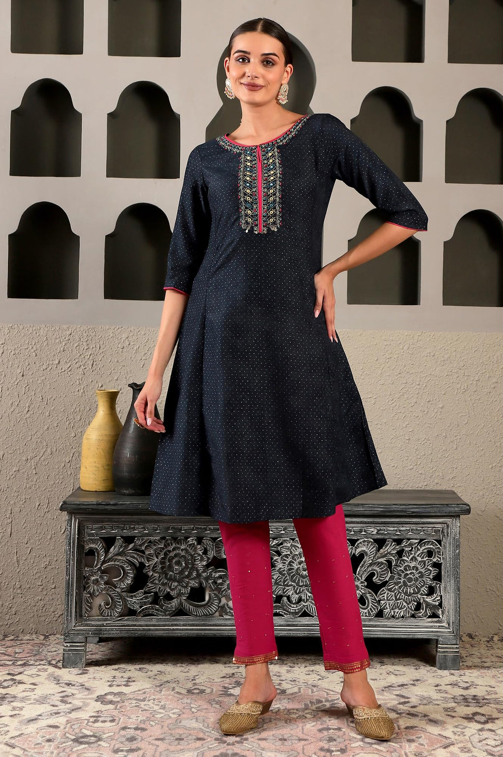 W For Woman Dark Blue Synthetic Polka Dot Regular Kurta With Glitter