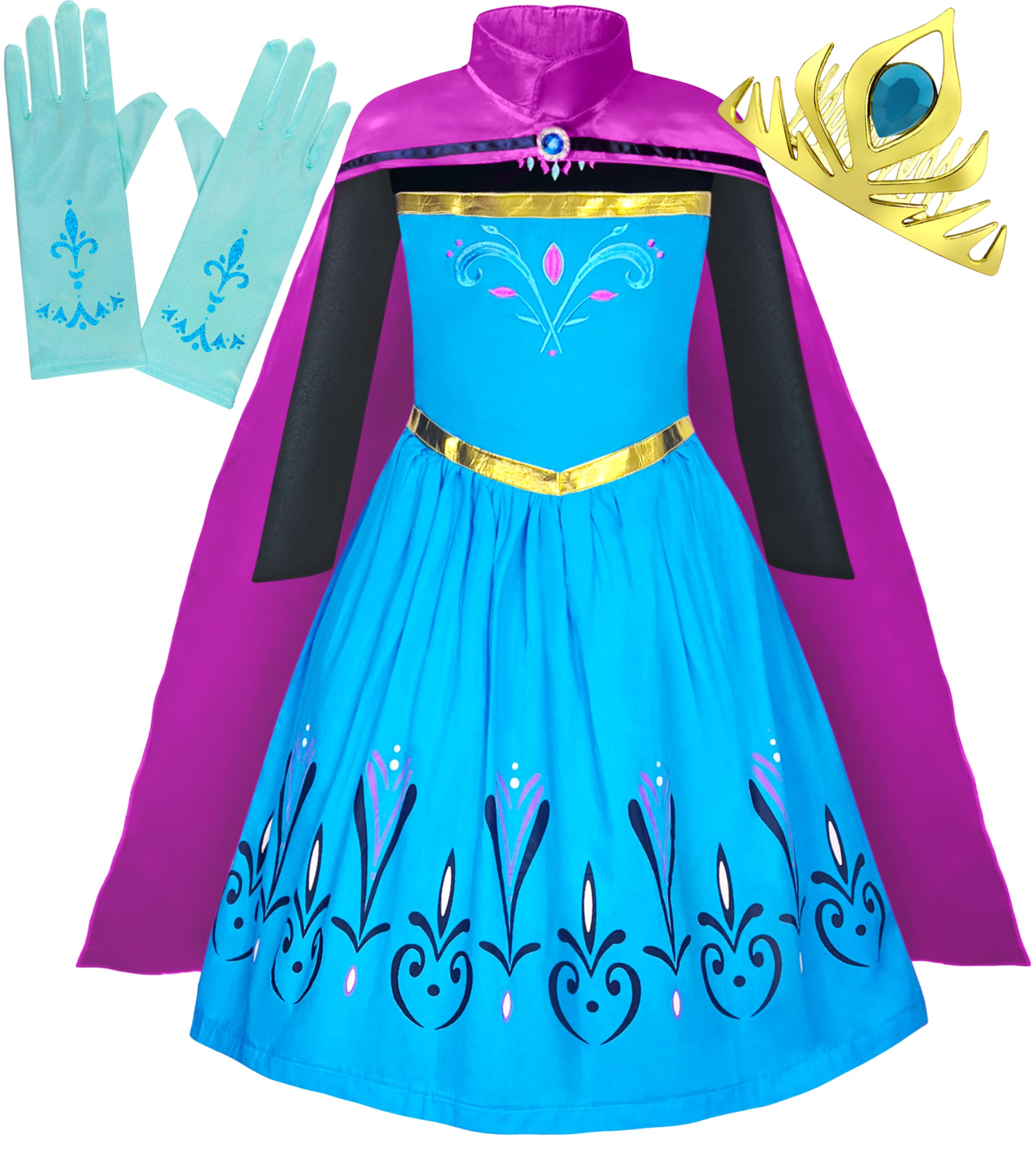 Cokos Box Girls Coronation Dress Costume Cape Gloves Tiara Crown Accessories Kids Set (5 Years, Blue-Purple)