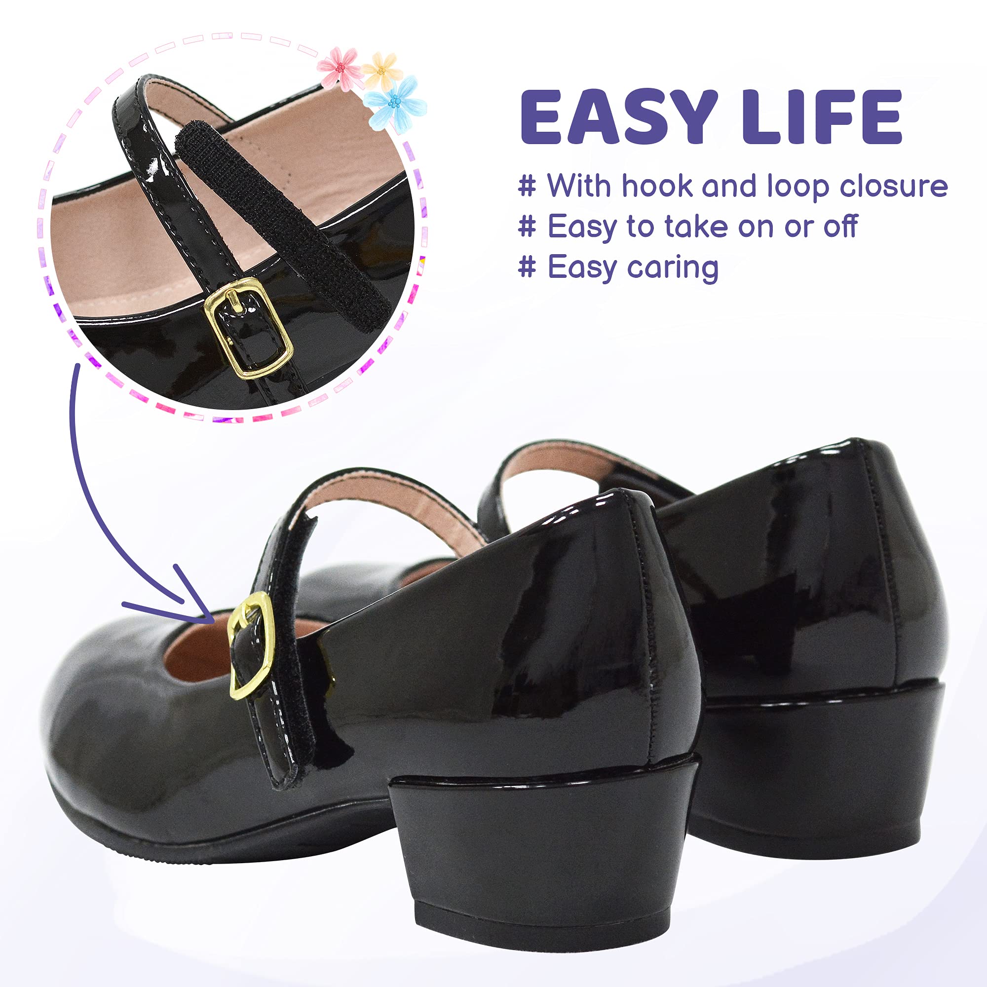 LseLom Girls Dress Shoes-Mary Jane Shoes for Girls Low Heel Princess Hook and Loop Dance Shoes Party Wedding Flats for Big Girls