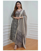 ANNI DESIGNER Womens Cotton Blend Block Printed Straight Kurta with Pant & Dupatta (Nihira Cream_S_Black_Small)