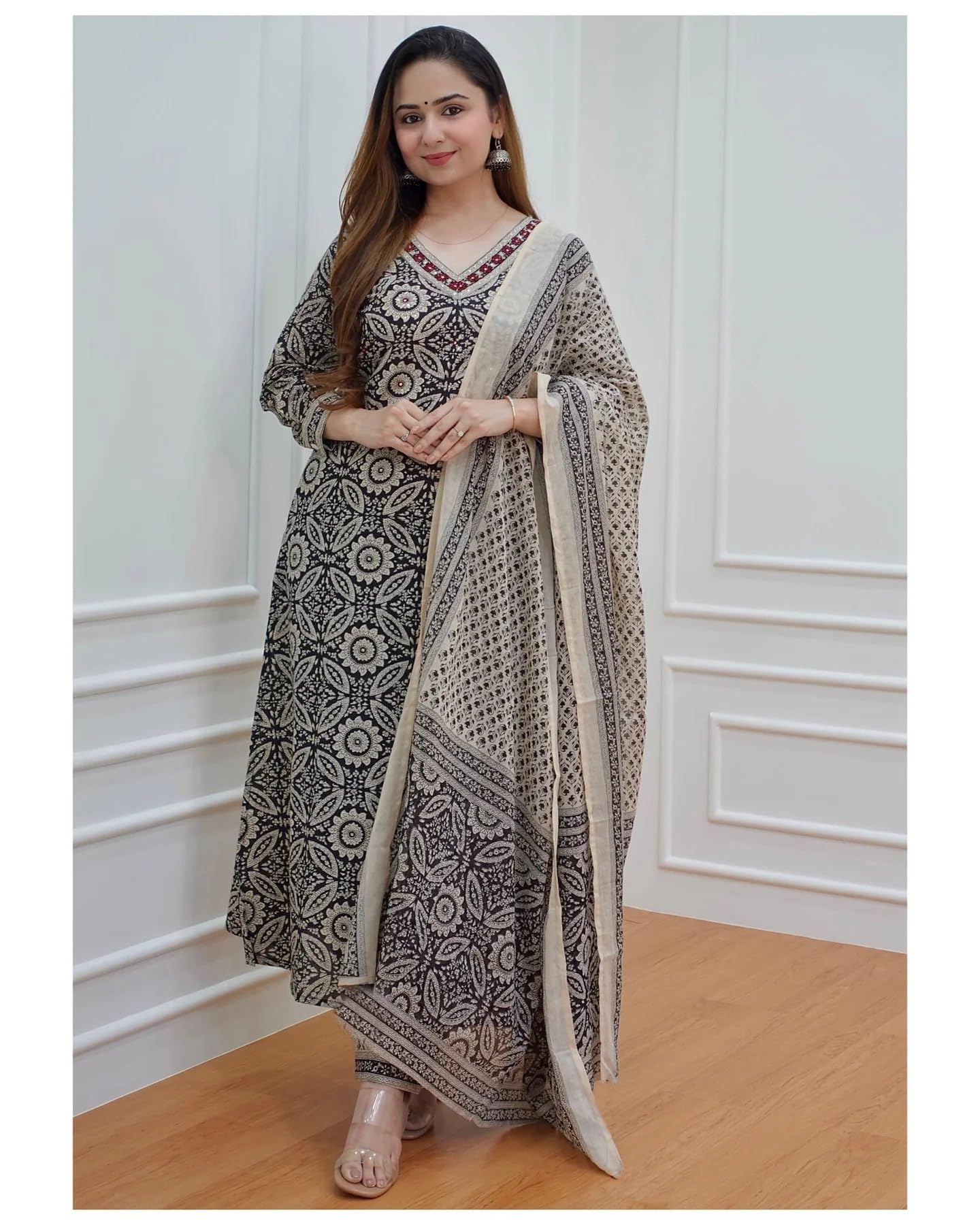 ANNI DESIGNER Womens Cotton Blend Block Printed Straight Kurta with Pant & Dupatta (Nihira Cream_S_Black_Small)
