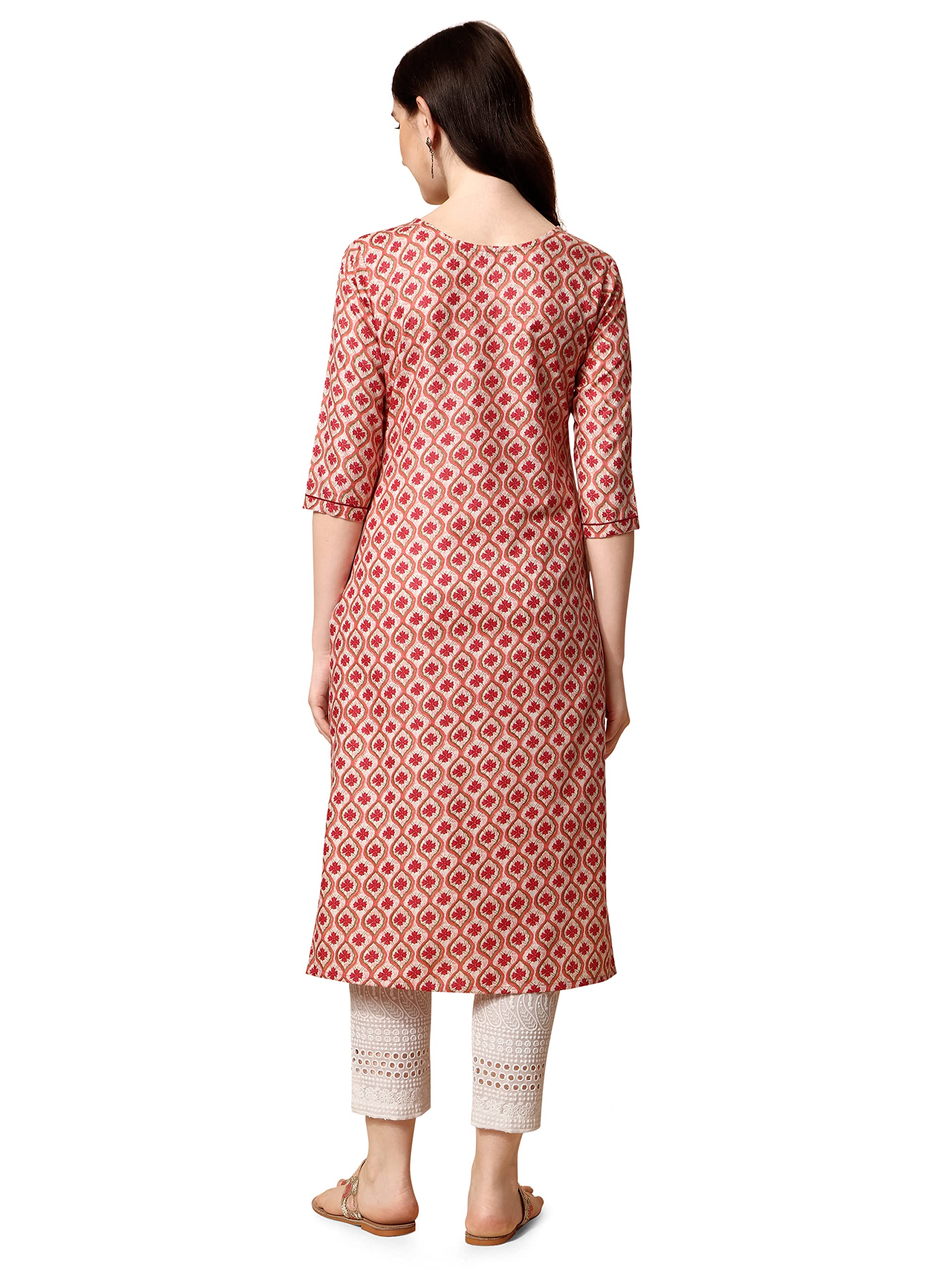 NAINVISH Womens Cotton Blend Straight V-Neck Printed Kurta