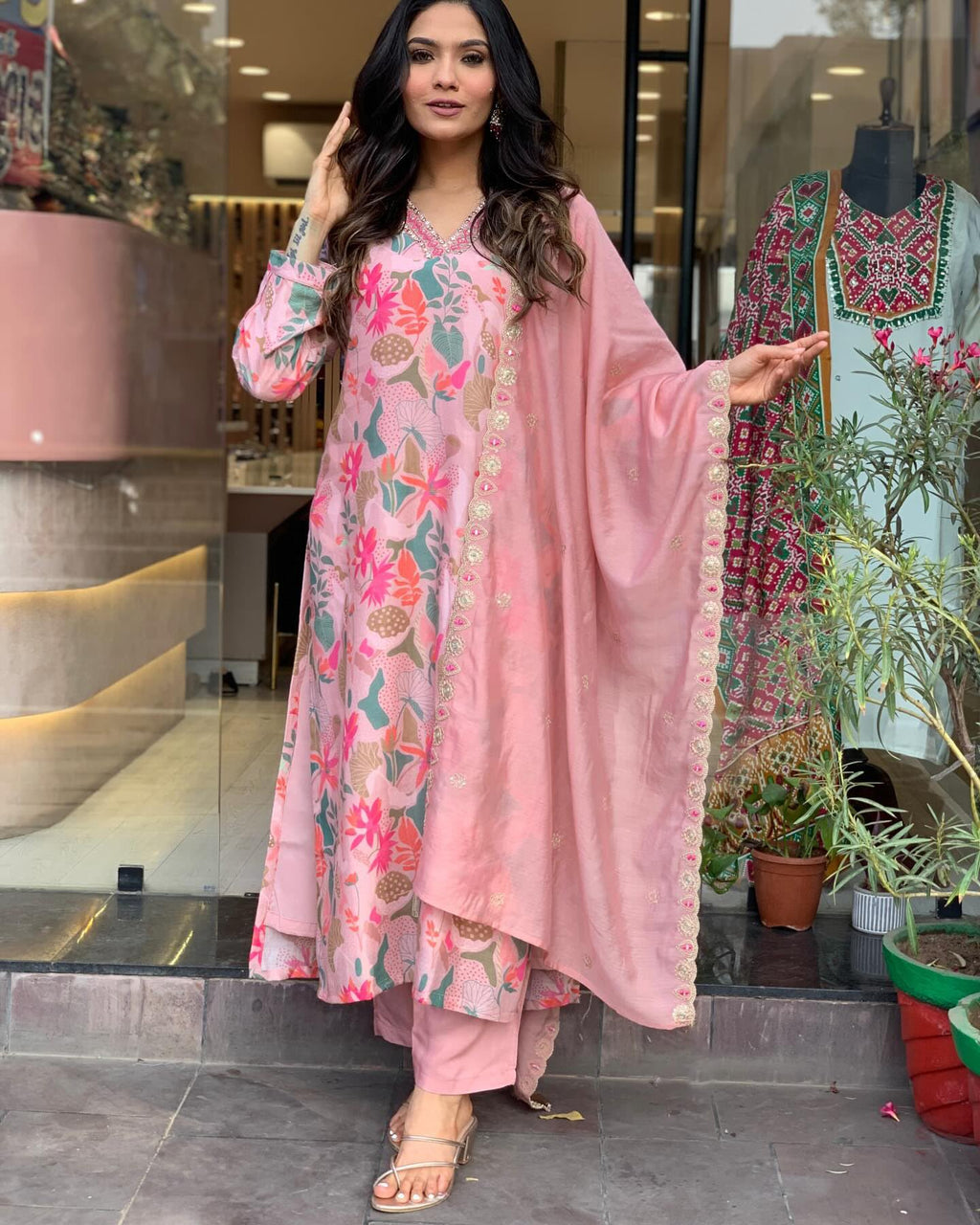 ANNI DESIGNER Womens Rayon Blend Printed Straight Kurta with Pant & Dupatta (Maslin-Multi_XL_Peach_X-Large)