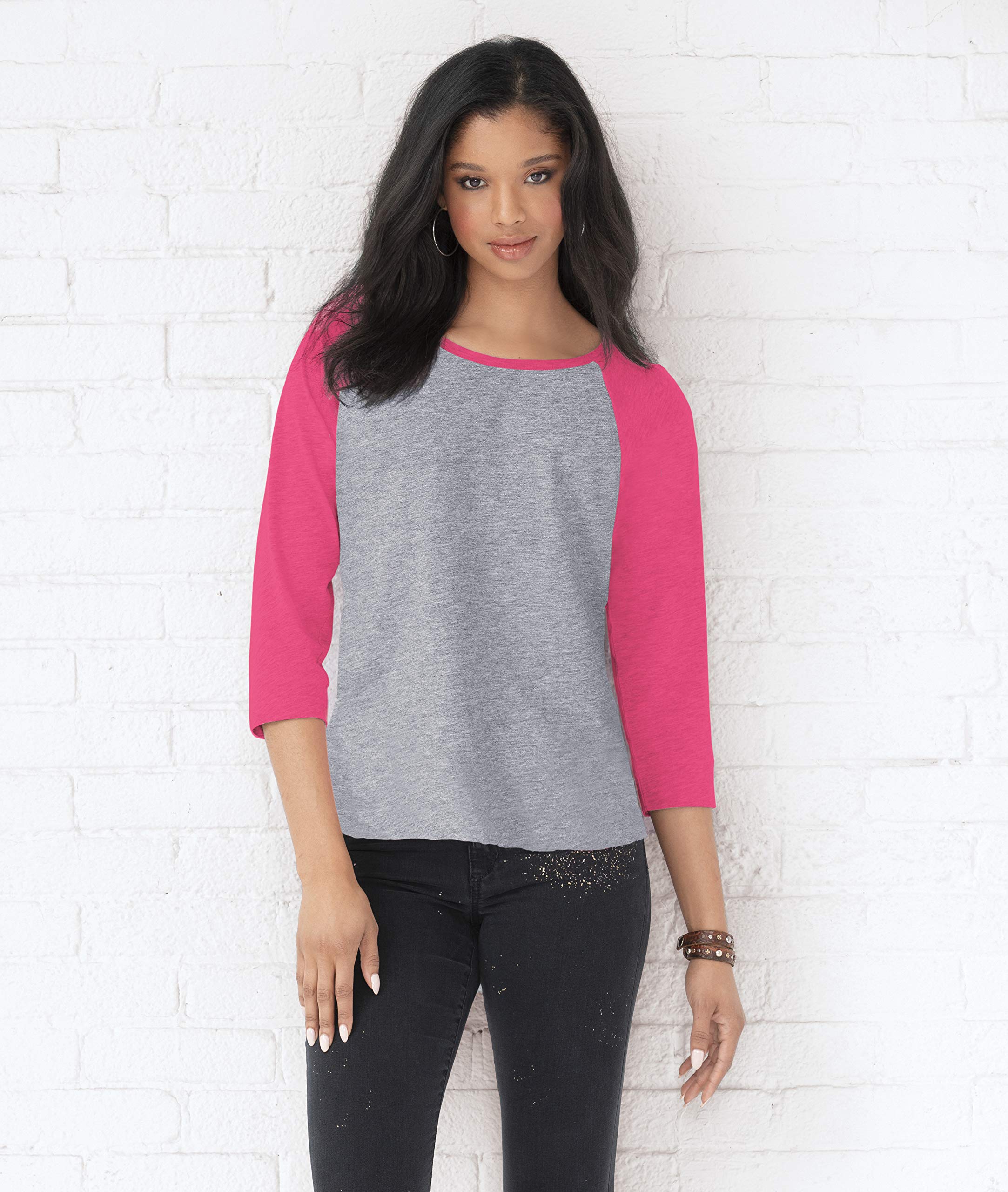 LAT Women Fine Jersey Raglan 3/4 Sleeve Baseball Tee (3530) White/Black, XL