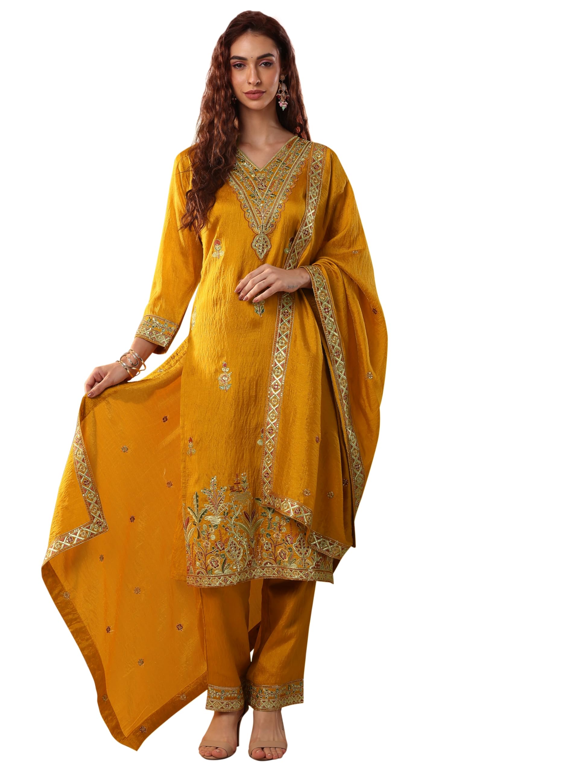 Libas Mustard Embroidered Silk Blend Straight-fit Kurta set for Women (51443S)