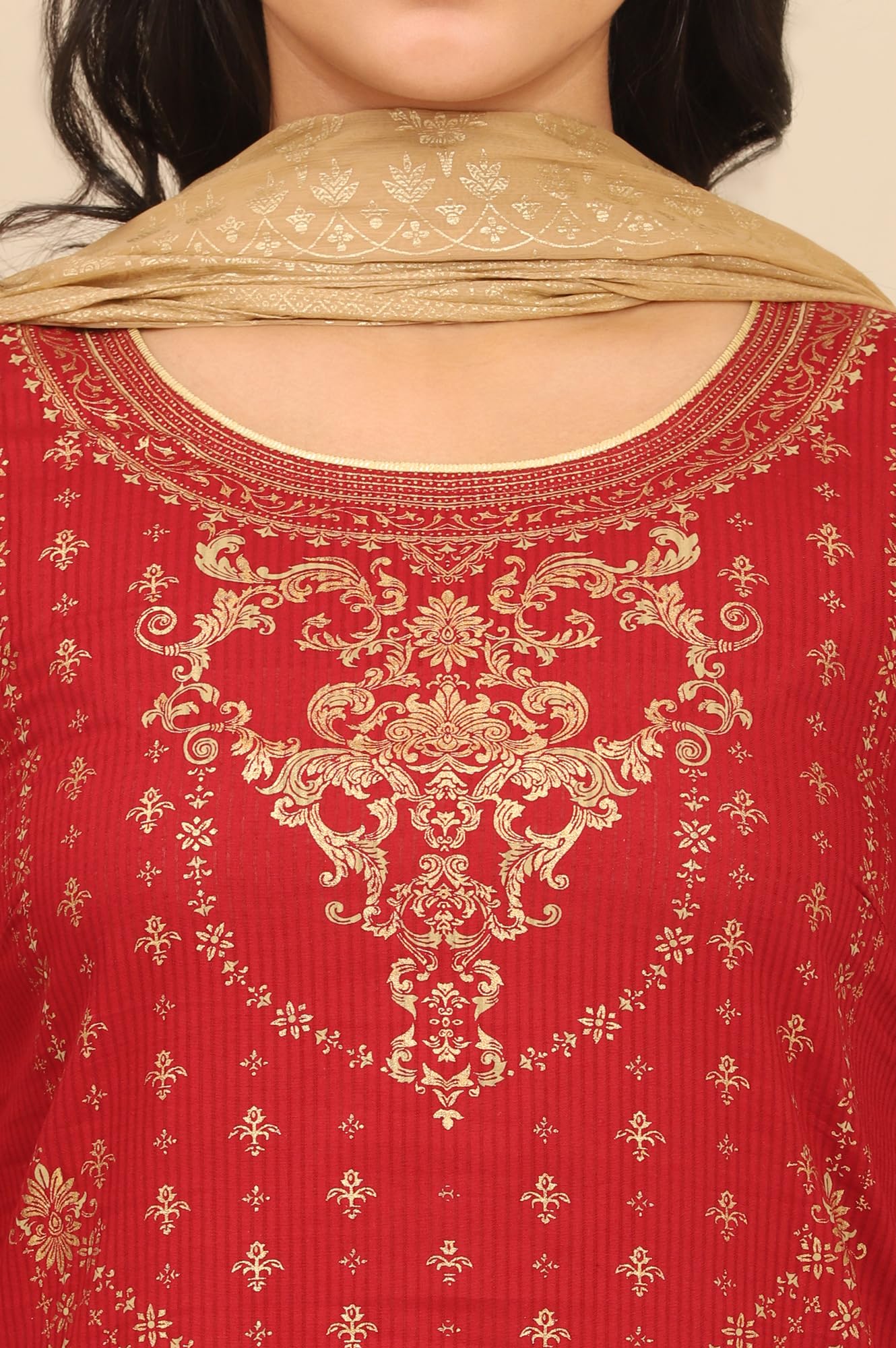 Aurelia Women'S Blue Foil Printed Yoke Pure Cotton Straight Kurta, Skirt And Dupatta Set