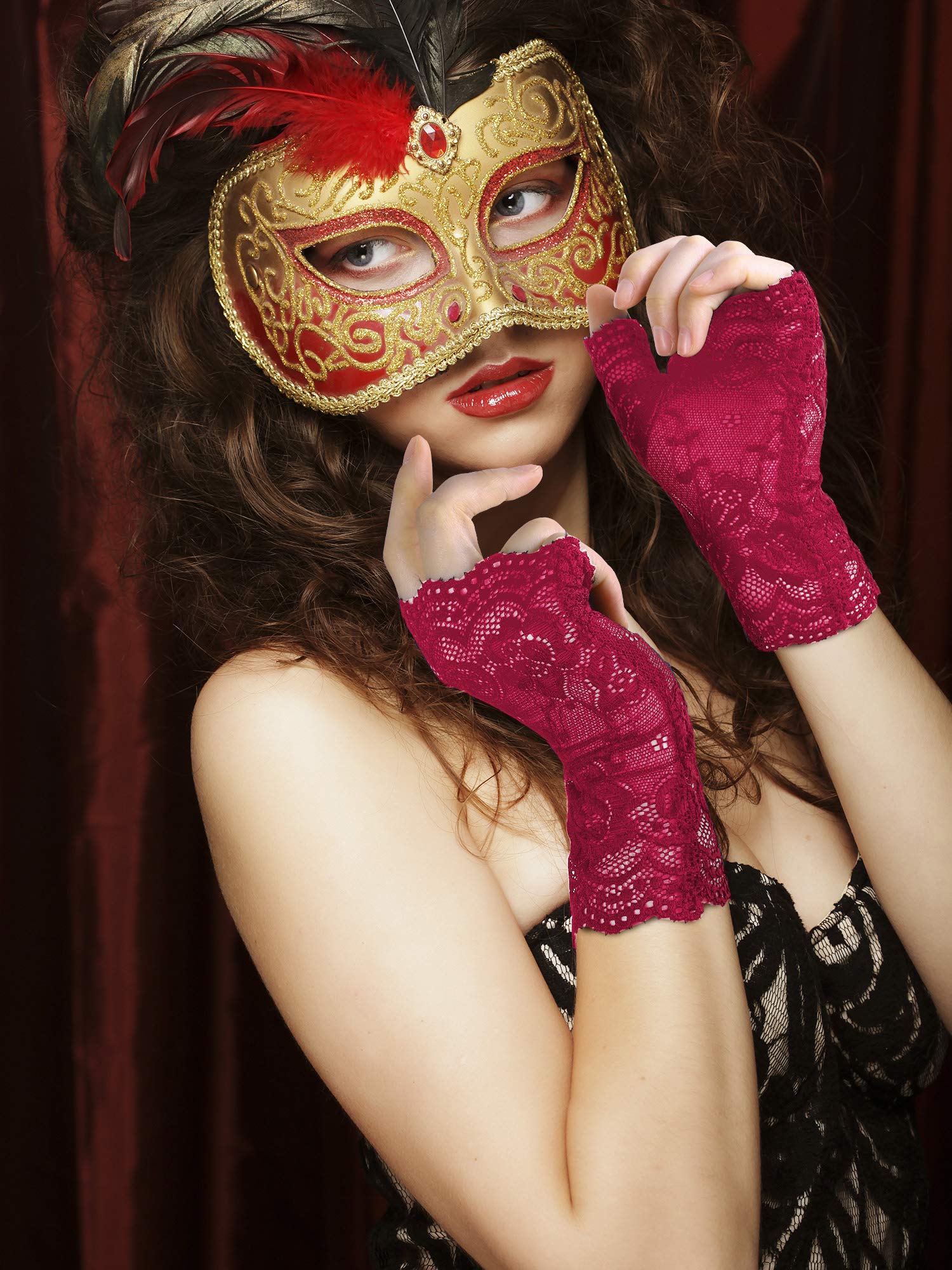 3 Pairs Lace Gloves Women Short Fingerless Floral Gloves Flower for Bridal Wedding Halloween(Black, White, Red)