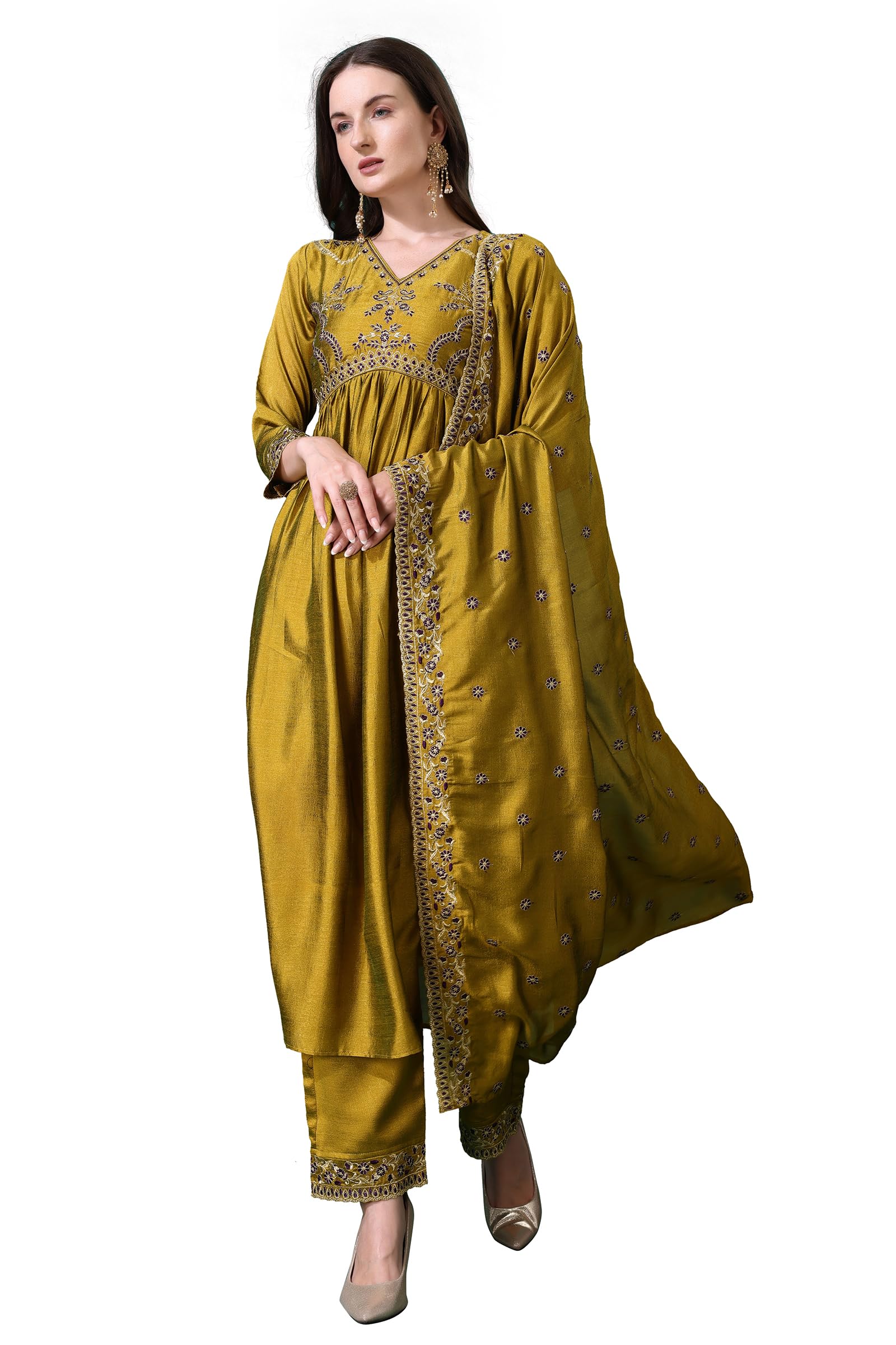 Pratham Blue WomenS Silk Embroidered Anarkali Kurta Palazzos With Dupatta |Kurta Set For Women |Women Kurta |Women Embroidered 