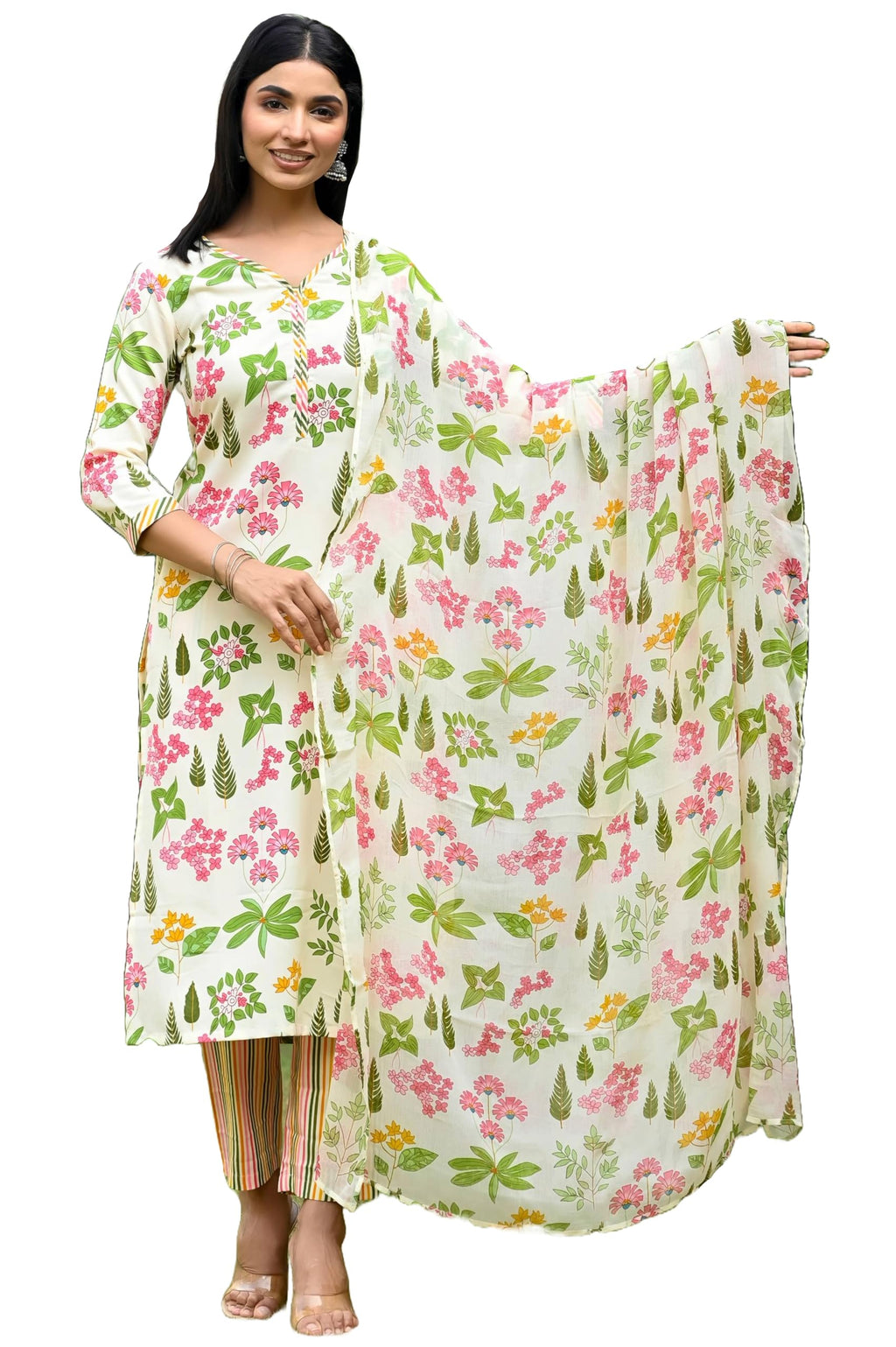 ANNI DESIGNER Women s Rayon Blend Kurta with Pants and Dupatta, cream, XL