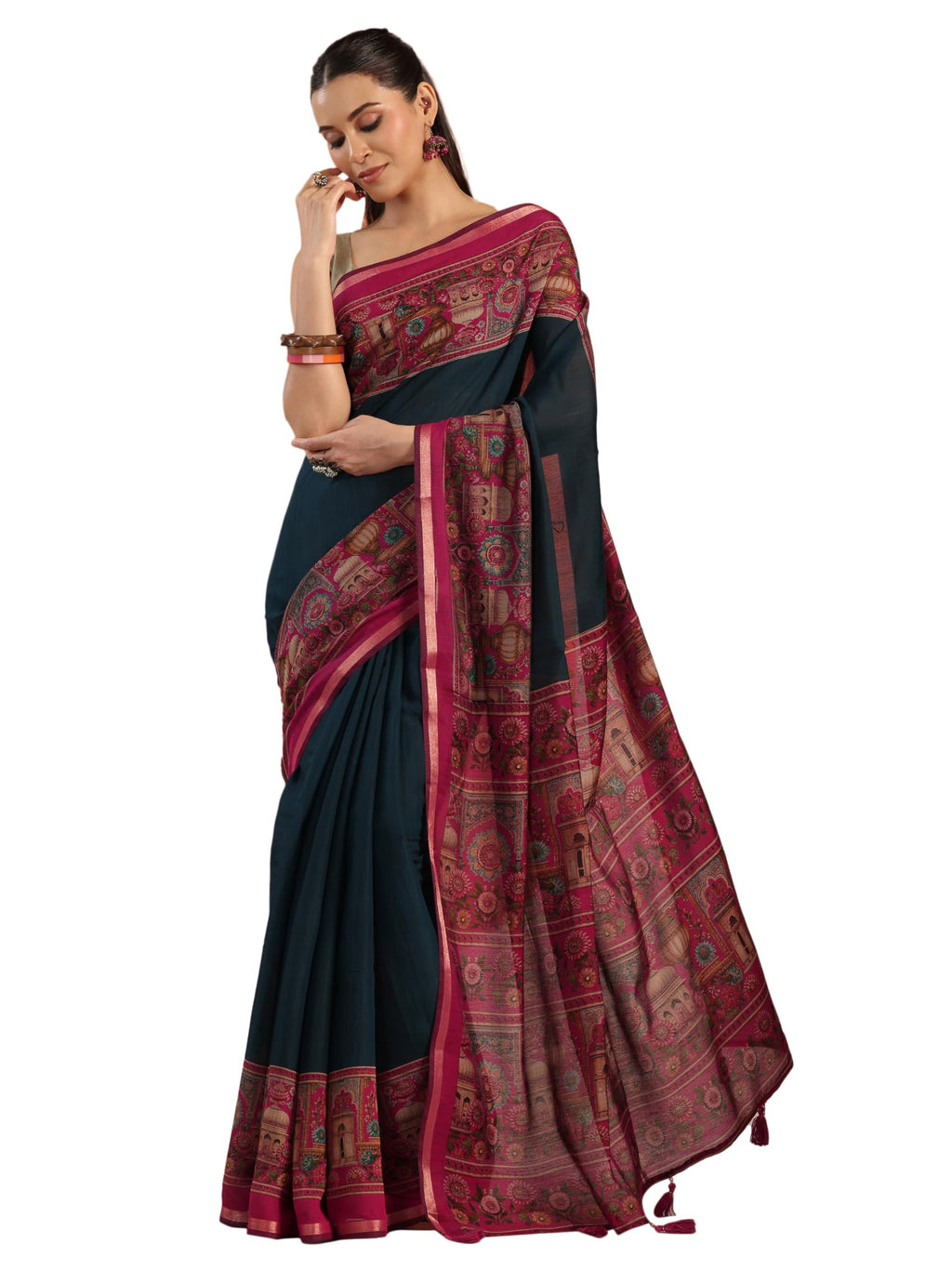 Libas Solid Cotton Blend Saree With Unstitched Blouse Piece