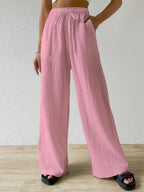 Shasmi Womens Baby Pink Loose Wide-Leg Pants with Textured Wrinkled Fabric and Drawstring Waist Long Trousers (Pant 157 Baby Pi