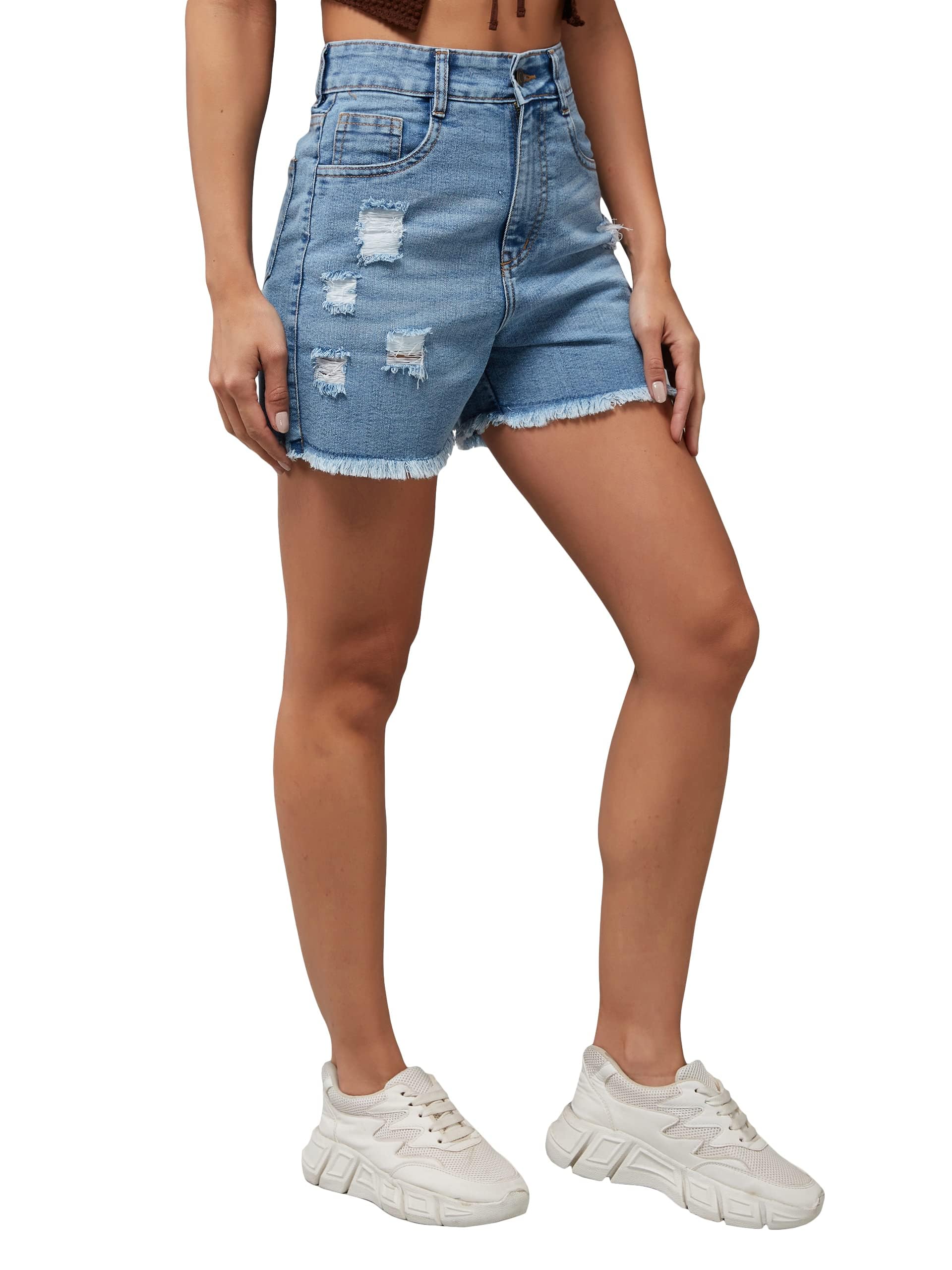 Miss Chase Womens Relaxed Fit Mid Rise Highly Distressed Regular-Length Denim Shorts (MCSS23DEN79-01-203-30, Blue, 30)