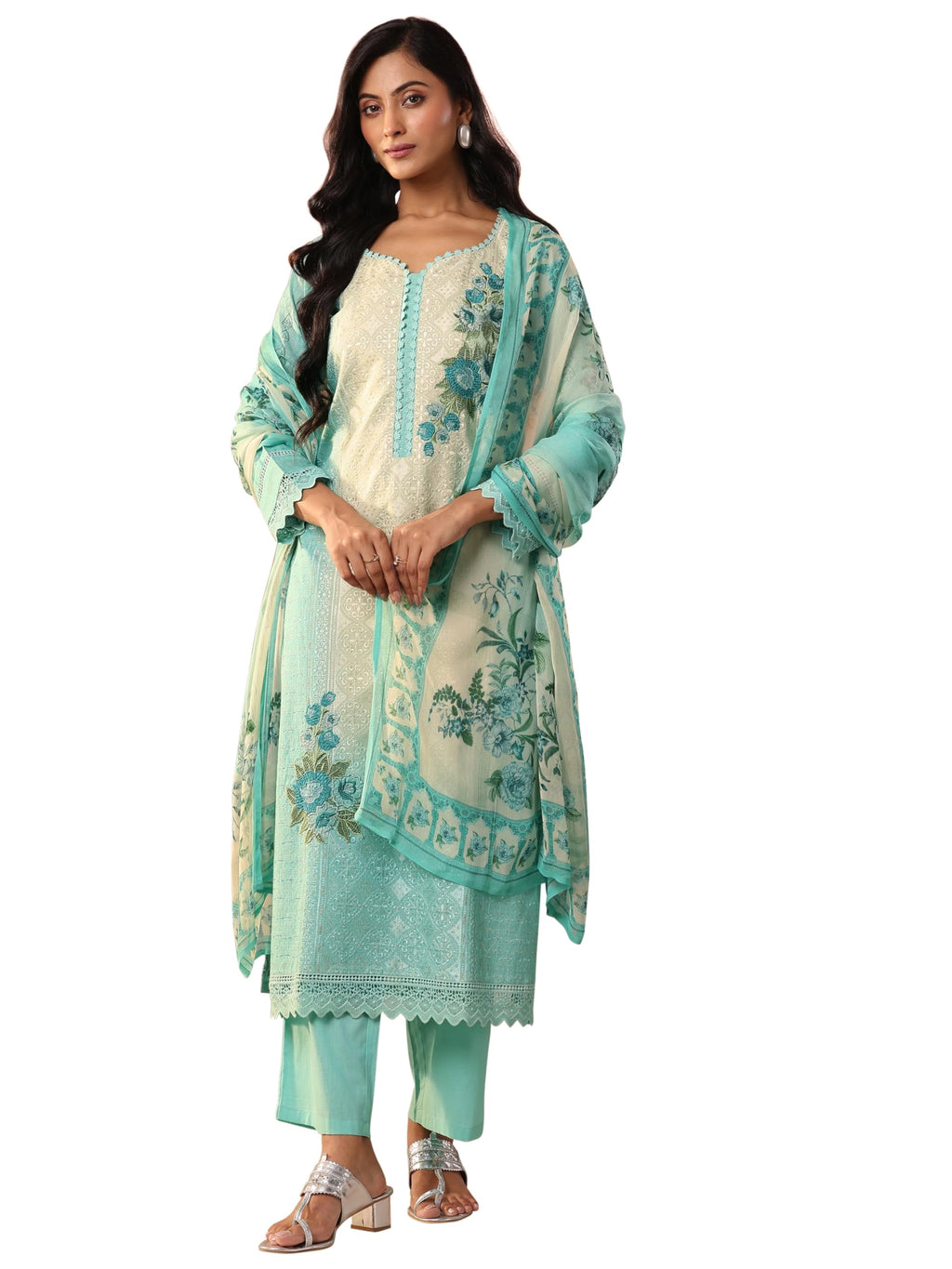 Libas Art Womens Embroidered Cotton Straight Kurta With Trousers and Dupatta