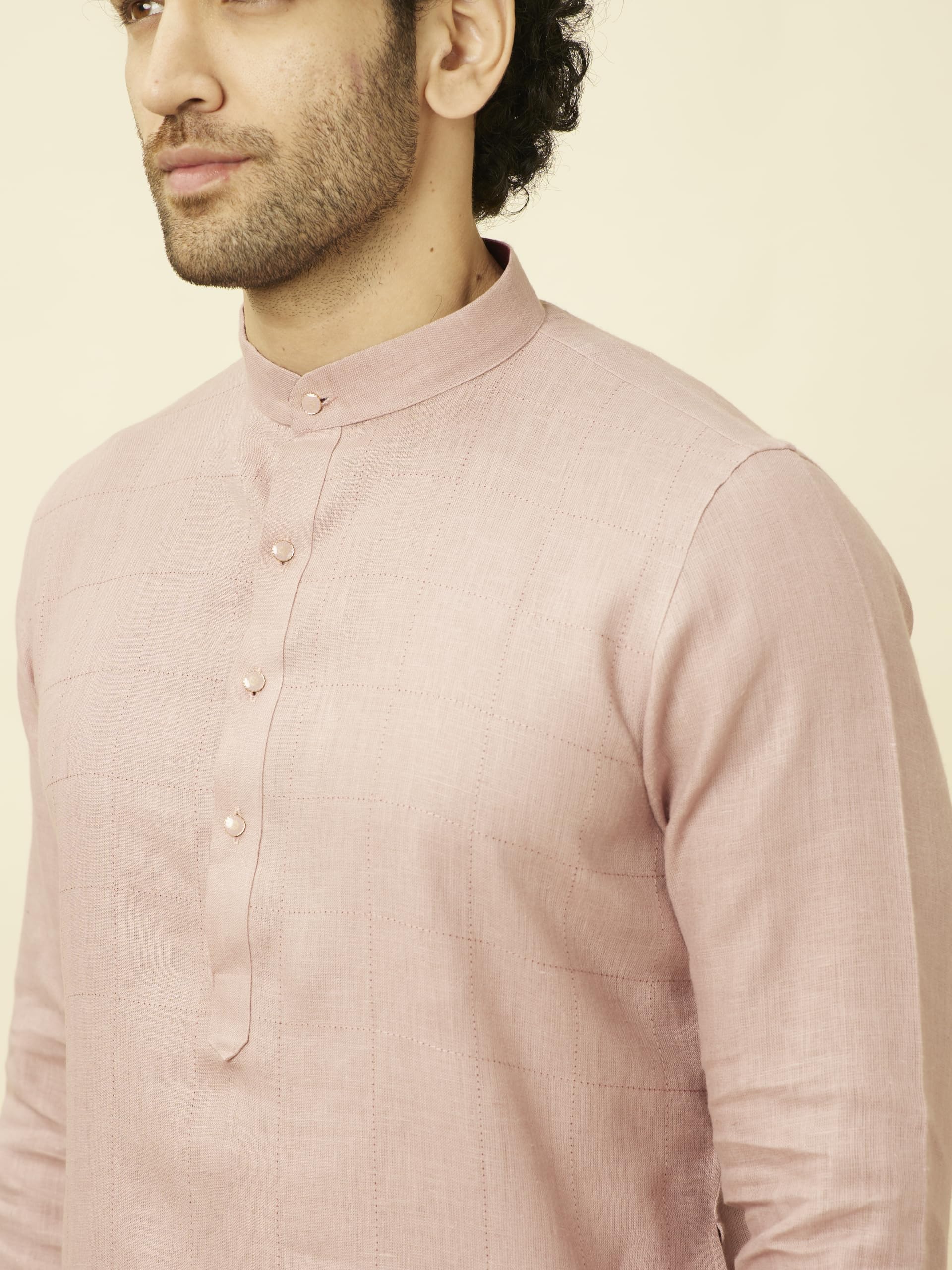 Manyavar Mens Quartz Pink Chequered Patterned Kurta