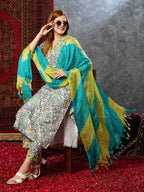 ANNI DESIGNER Ladies Rayon Blend Dupatta Kurta Trousers, green, L