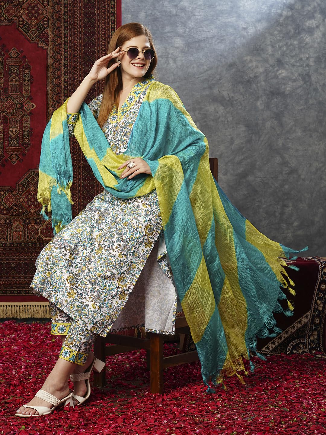 ANNI DESIGNER Ladies Rayon Blend Dupatta Kurta Trousers, green, L