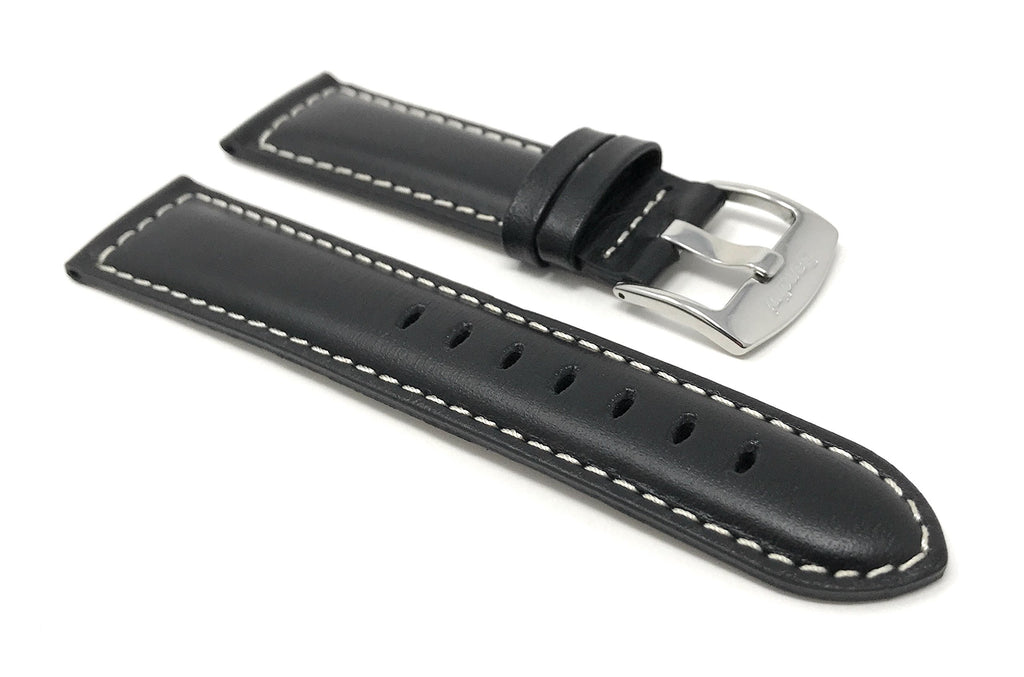 Bandini Extra Long (XL) 26mm Mens Italian Leather Watch Band Strap - Black - Mat Finish - White Stitching