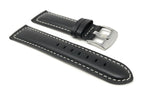 Bandini Extra Long (XL) 26mm Mens Italian Leather Watch Band Strap - Black - Mat Finish - White Stitching