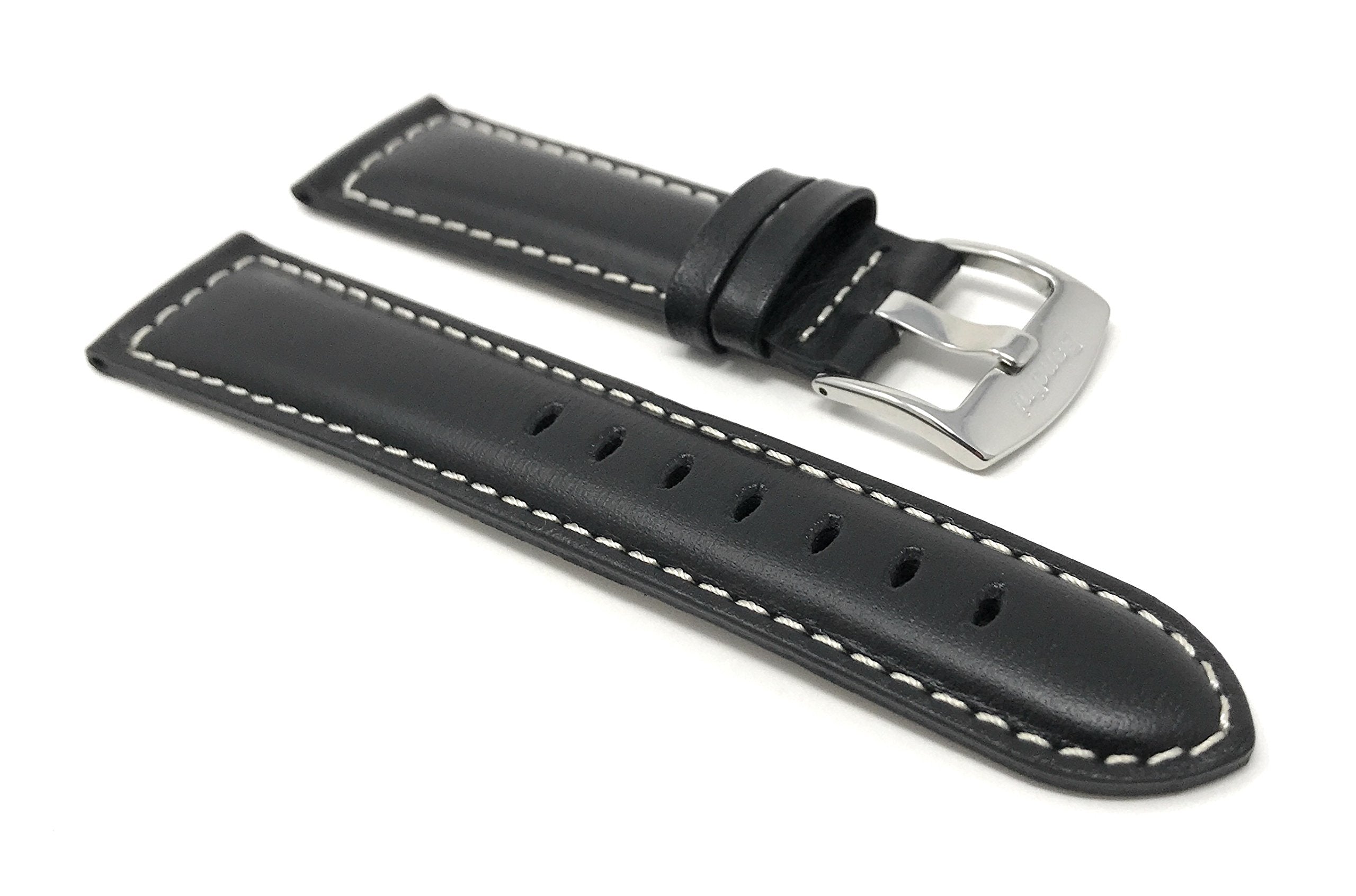 Bandini Extra Long (XL) 26mm Mens Italian Leather Watch Band Strap - Black - Mat Finish - White Stitching