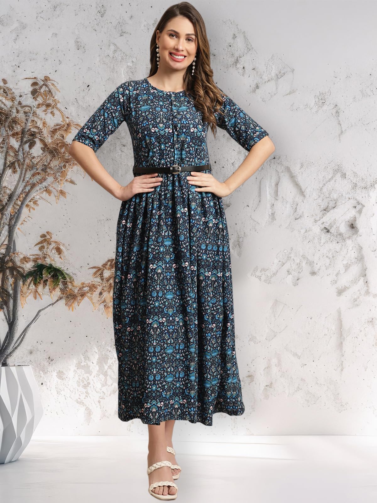 Preneum GirlsS Georgette Floral Printed 3/4 Slevees A-Line Fit & Flare Gown With Belt, Blue, S