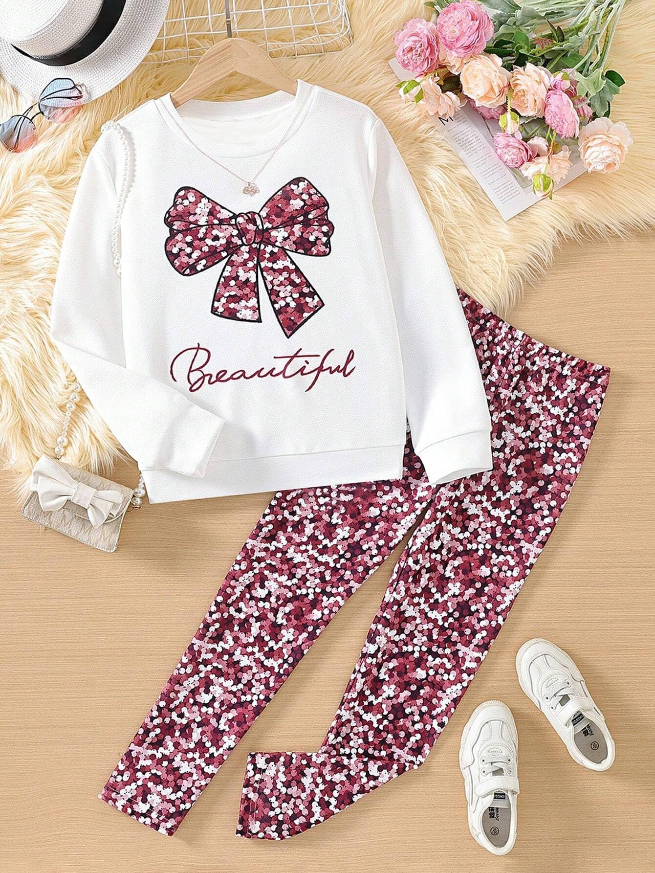TAGAS Girl 2pcs Shiny Glitter Bowknot Long Sleeve Sweatshirt And Pants Set |||| Two-Piece Set for girls ||cordinated out-fit for