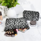 SOIDRAM 2 Pieces Leopard Print Makeup Bag Large Cosmetic Bag Capacity Canvas Mix Travel Toiletry Bag Organizer Cute Makeup Brush