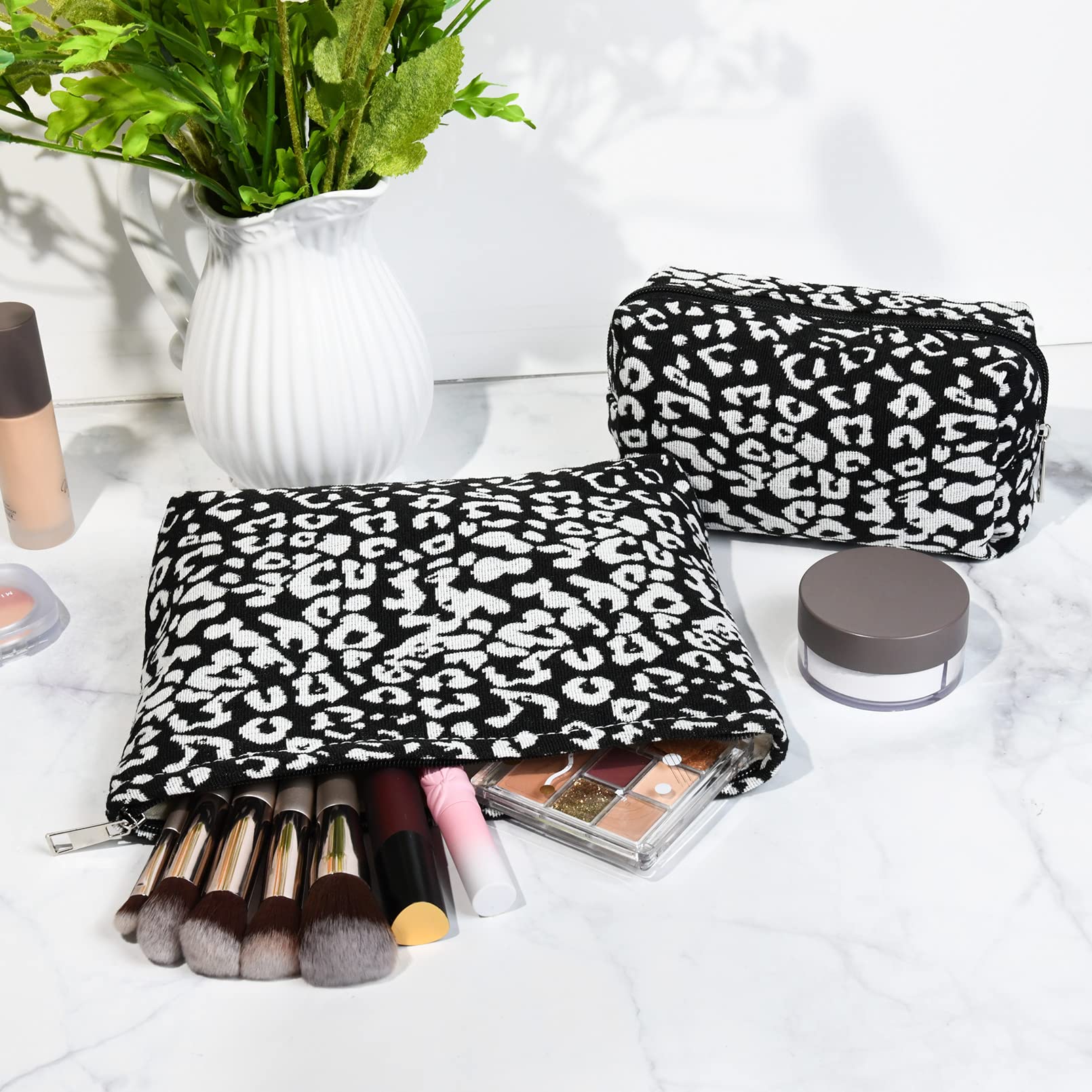SOIDRAM 2 Pieces Leopard Print Makeup Bag Large Cosmetic Bag Capacity Canvas Mix Travel Toiletry Bag Organizer Cute Makeup Brush