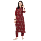 Nainvish Crepe Stitched Kurti With Pant Set For Women Maroon