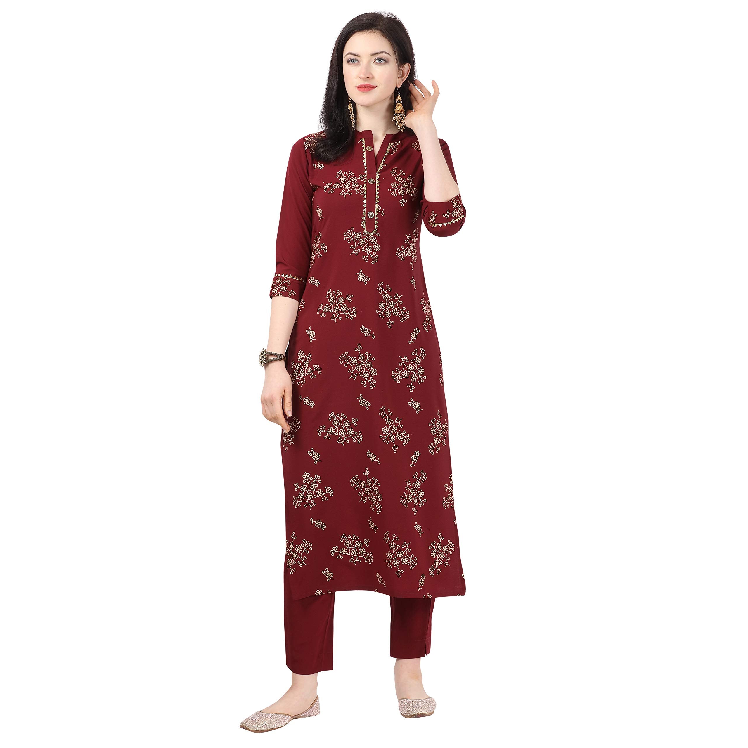 Nainvish Crepe Stitched Kurti With Pant Set For Women Maroon