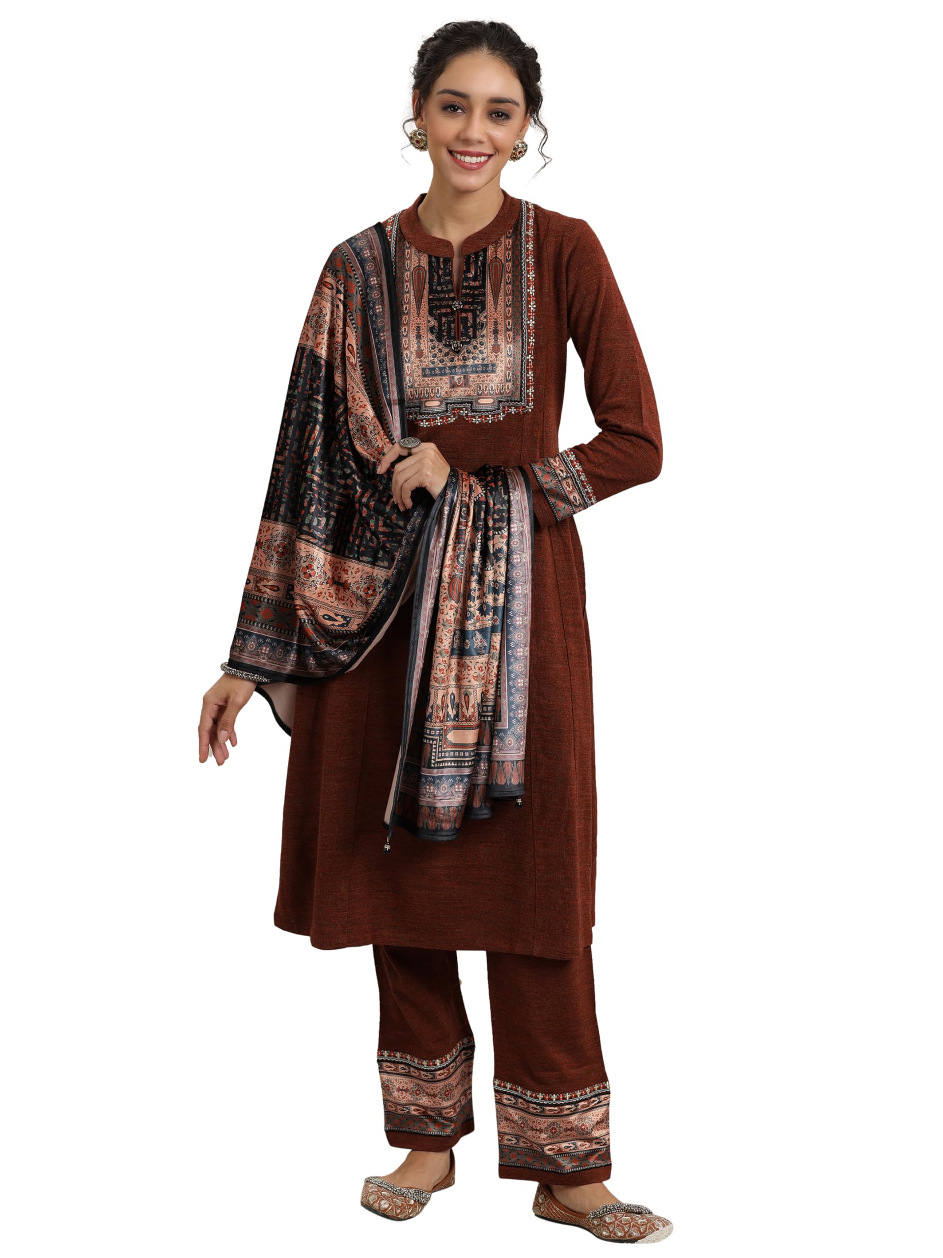 Libas Womens Yoke Design Wool Straight Kurta With Palazzos And Dupatta Rust