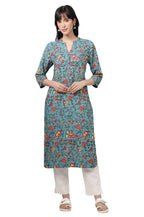 W For Woman Teal Blue Floral Printed Straight Kurta (Size: Xl)-W12736-124313