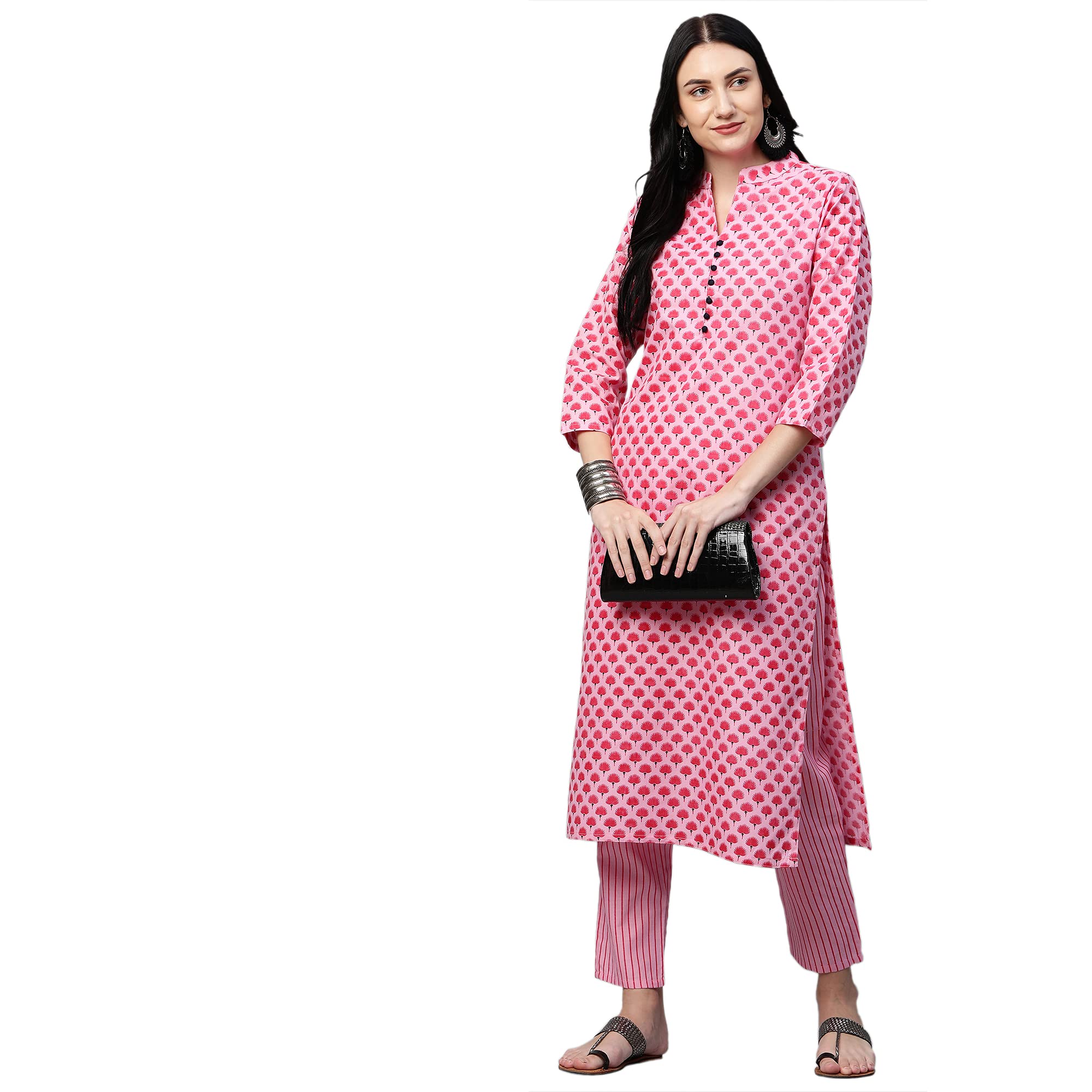 Gosriki Women'S Cotton Straight Kurta With Palazzo (Revathi New Pink_L_Pink_Large)