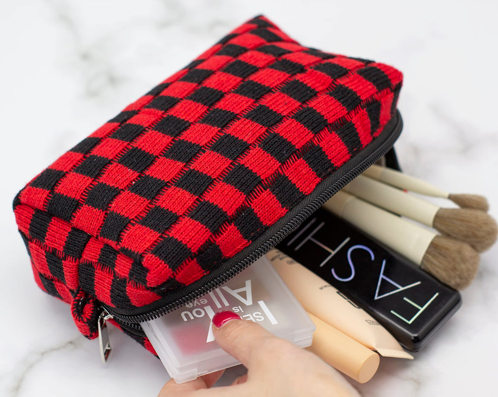 PAZIMIIK Checkered Makeup Bag for Purse Portable Zipper Make Up Pouch Small Cosmetic Case for Travel Accessories (Red Black)
